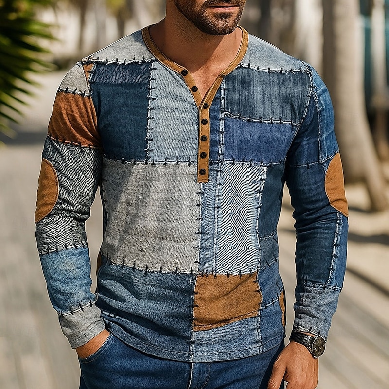 Men's Graphic Patchwork T Shirt Henley Shirt Tee Long Sleeve Vintage Designer Stylish Outdoor Casual Daily Spring & Summer All Seasons Blue Henley Henley T-Shirt