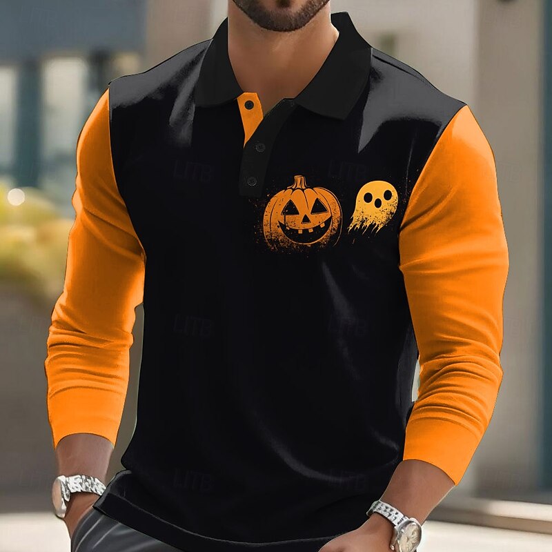 Halloween Men's Pumpkin Ghost Polo Long Sleeve Polo Shirts Lapel Casual Street Athleisure Daily Wear Festival Outfit 3D Print Buttons Spring Fall Winter Black Orange