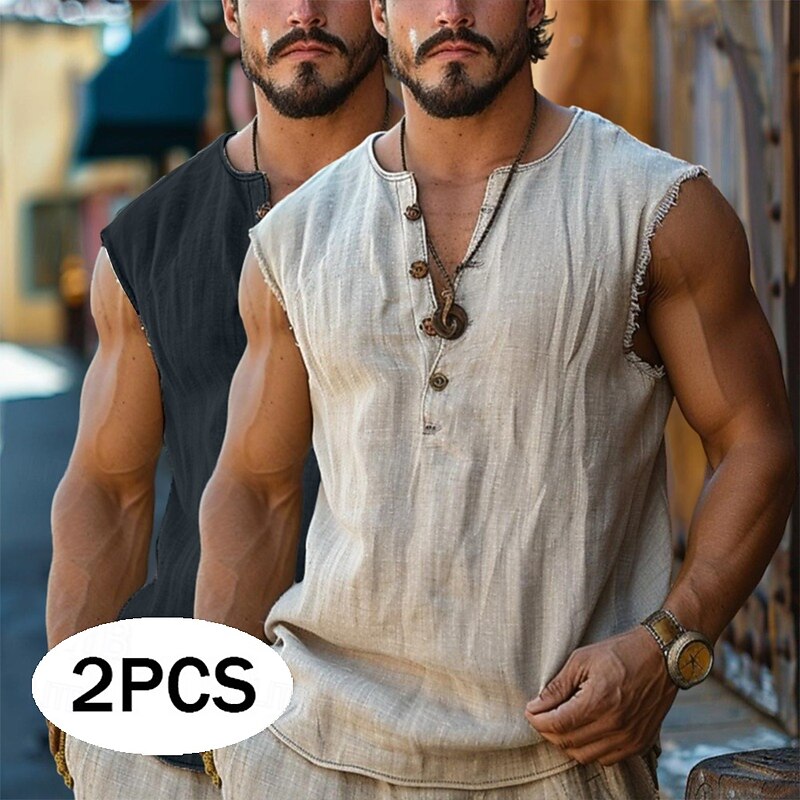 Men's Henley Shirt Vest Top Linen Tank Top Sleeveless Shirt Sleeveless Henley Summer Plain Fashion Designer Bohemian 2 Piece Vacation Casual Going out White+khaki Black+ Khaki Blue+Khaki Top Tee for