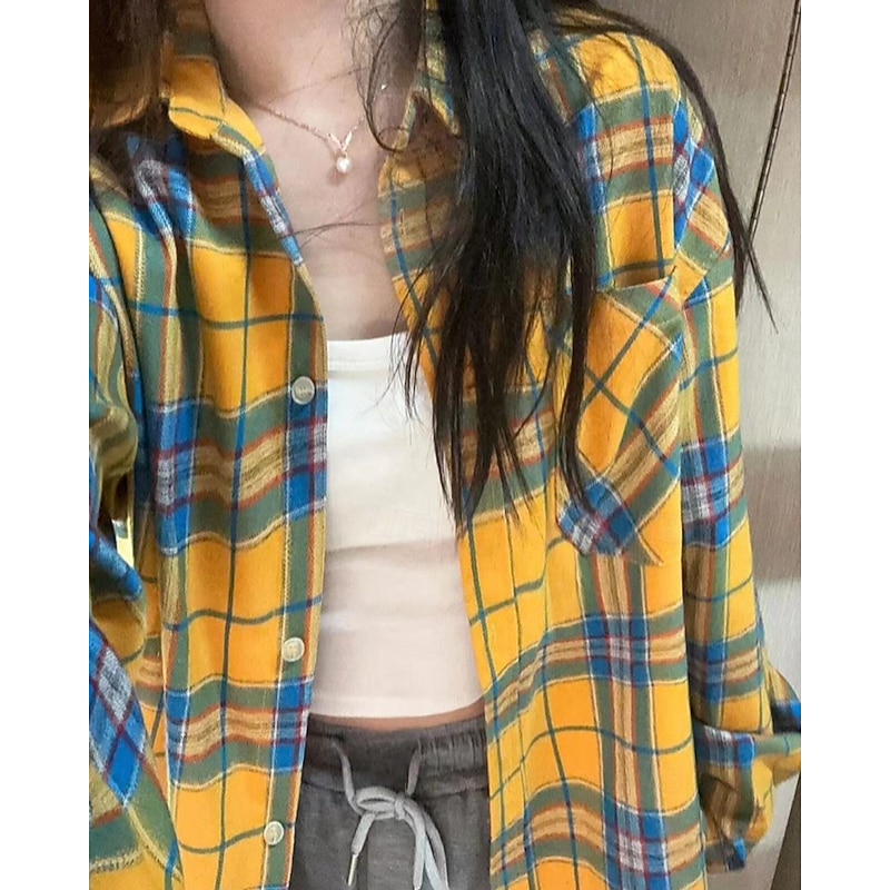 Women's Shirt Blouse Plaid Casual Long Sleeve Shirt Collar Regular Tops Holiday Going out Buttons Yellow Fall4