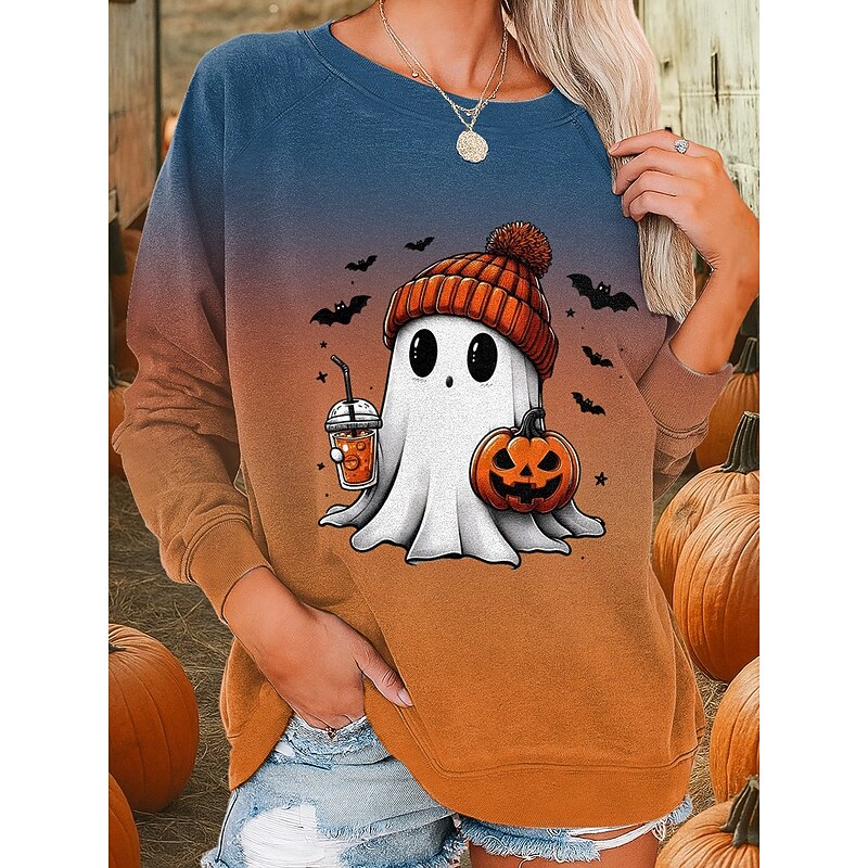 Halloween Women's Sweatshirts Ghost Graphic Fashion Casual Long Sleeve Crew Neck Regular Tops Street Dailywear Casual Print Blue Purple Orange Green Fall Winter
