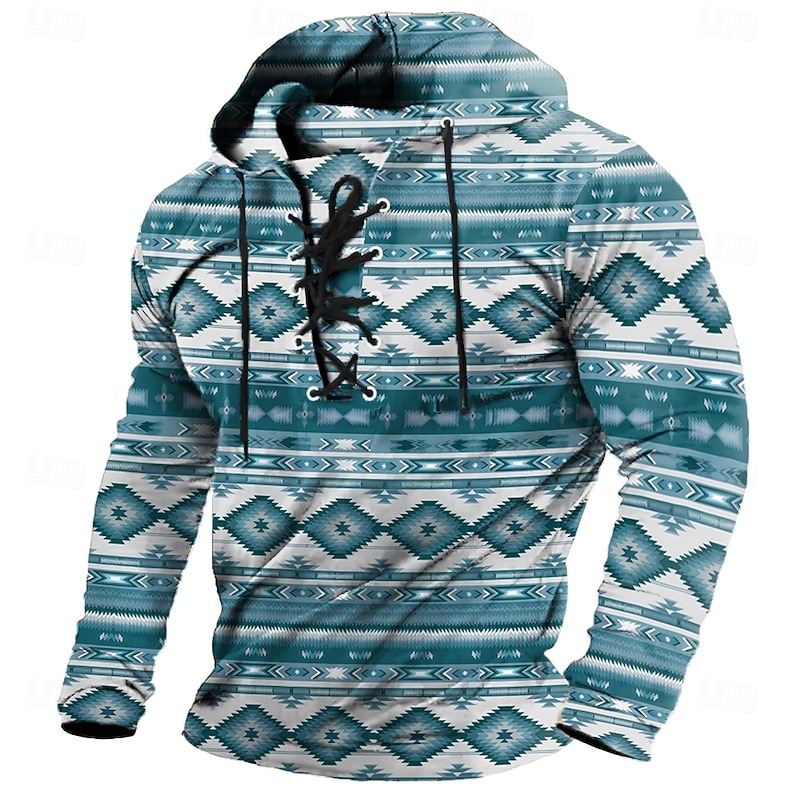 Men's Geometric Tribal Bandana Print Stylish Ethnic Long Sleeve Hooded Streetwear Yellow Blue Drawstring Fall Winter Designer2