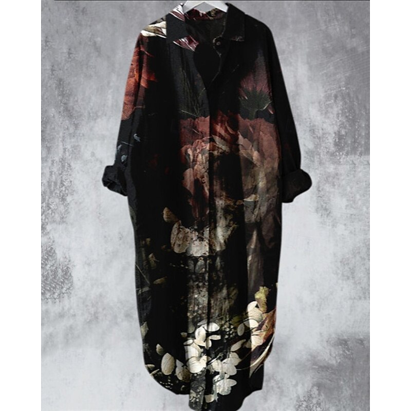 Women's Midi Dress Shirt Dress Casual Dress Fashion Modern Daily Beach Weekend Regular Fit Flower Long Sleeve Shirt Collar Black Pink Blue Green Spring Fall2