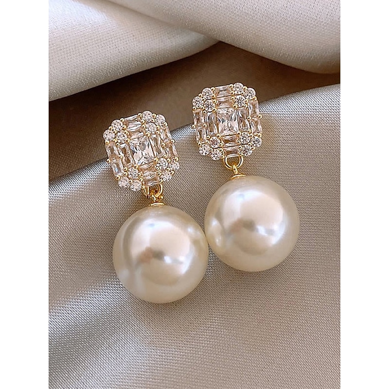 Women's Crystal Rhinestone Pearl Earrings - Gold Statement Stud Earrings with Cluster Charm on Top, Elegant Alloy Jewelry for Work, Dates and Formal Occasions