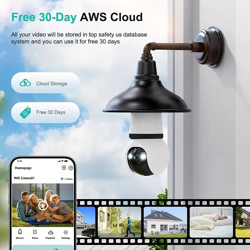 4-megapixel Bulb-style Surveillance Camera  Wifi 2k Surveillance Camera Wireless Outdoor/Indoor Full-color Day/Night Type Easy To Install Motion Detection Full-color Night Vision4