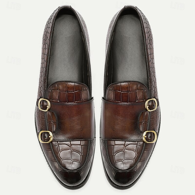 Men's Brown Crocodile Pattern Double Monk Strap Loafers – Slip-On Leather Dress Shoes for Business, Parties and Semi-Formal Occasions4
