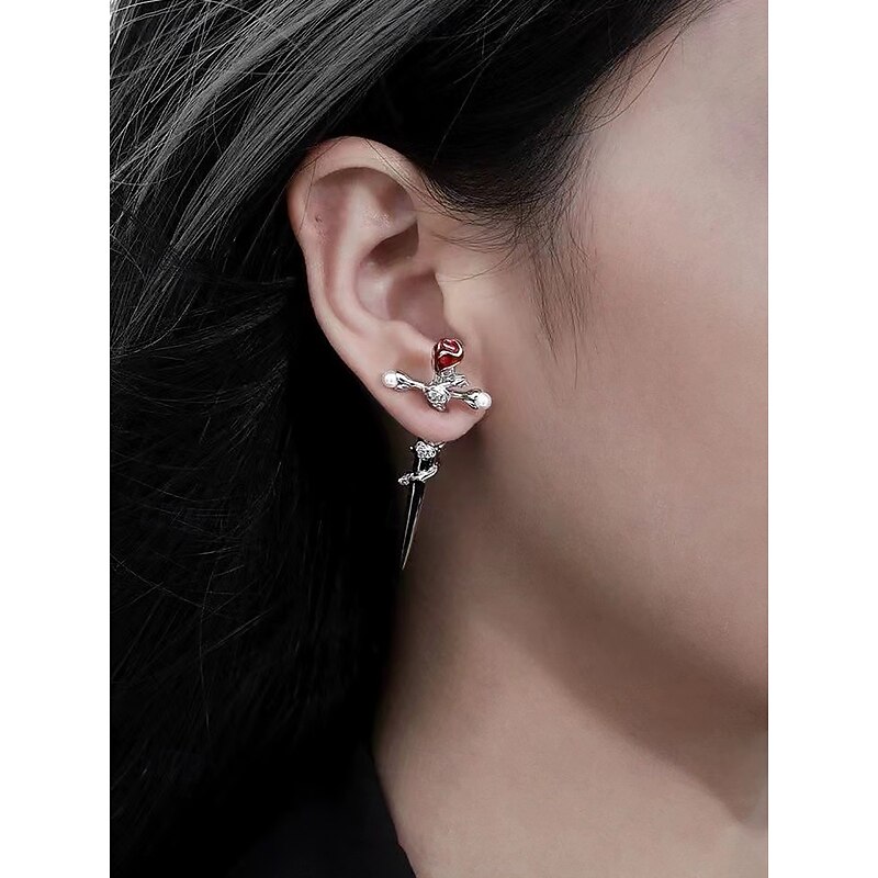 Women's Halloween Gothic Rose Dagger Earrings – Vintage Pearl and Crystal Drop Ear Jewelry for Costume Parties, Cosplay and Punk Fashion2