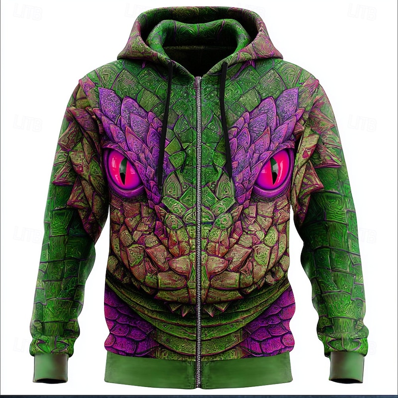 Men's Dragon 3D Hoodie Jacket Sweatshirt Fantasy All Over Print Zip Vacation Going out Streetwear Blue Dark Green Zipper Fall Winter Designer2