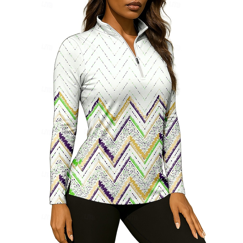 Women's Geometric Shirt Sport Shirt Golf Polo Shirt Tennis Shirt Long Sleeve Zipper Floral UPF50+ UV Resistant High Elasticity Moisture Wicking Breathable Tennis Golf Pickleball Stand Collar Zip4