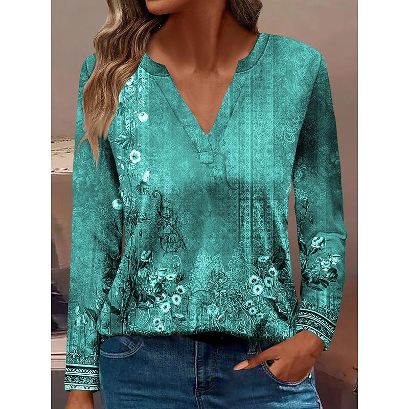 Women's T Shirt Floral Casual Long Sleeve Notched Neck Regular Tops Daily Buttons Print Red Blue Purple Green Spring Fall4