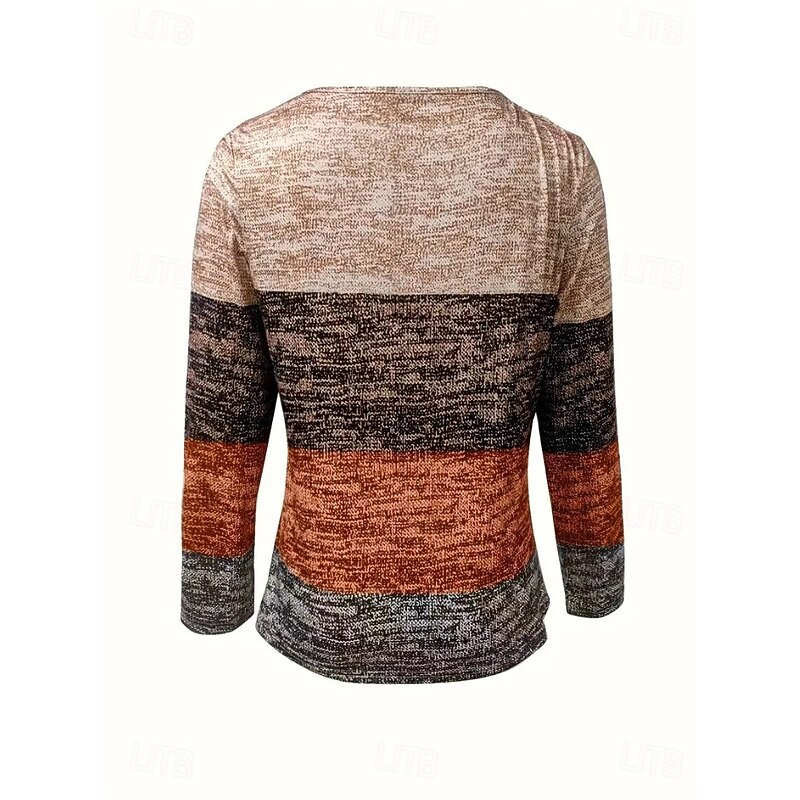 Women's T Shirt Graphic Geometric Color Block Vintage Stylish Classic Long Sleeve Round Neck Regular Tops Daily Weekend Zipper Print Blue Brown Spring Fall Winter3