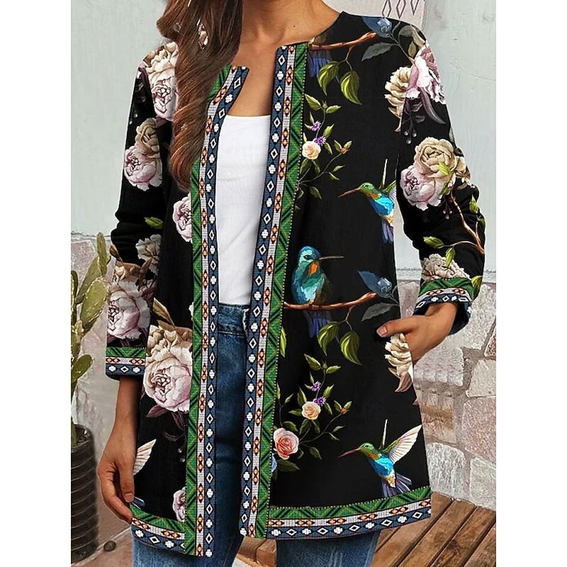 Women's Winter Coat Casual Jacket Warm Quick Dry Pocket Open Front Modern Floral Casual Daily Casual Daily Long Crewneck Regular Fit Long Sleeve Outerwear Black Orange Spring Fall3