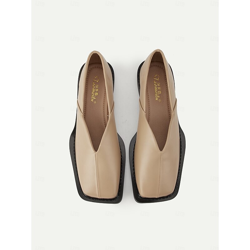 Women's Beige Square Toe Slip-On Loafers - Faux Leather Low Heel Comfort Shoes with V-Cut Vamp, Minimalist Modern Style for Casual Wear, Office Outfits and Autumn Fashion4