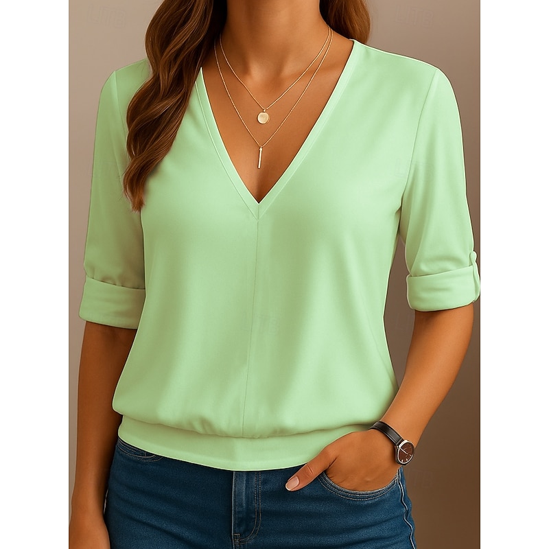 Women's Blouse Plain Casual Long Sleeve V Neck Regular Tops Daily Sports Buttons White Yellow Blue Green Spring, Fall, Winter, Summer4