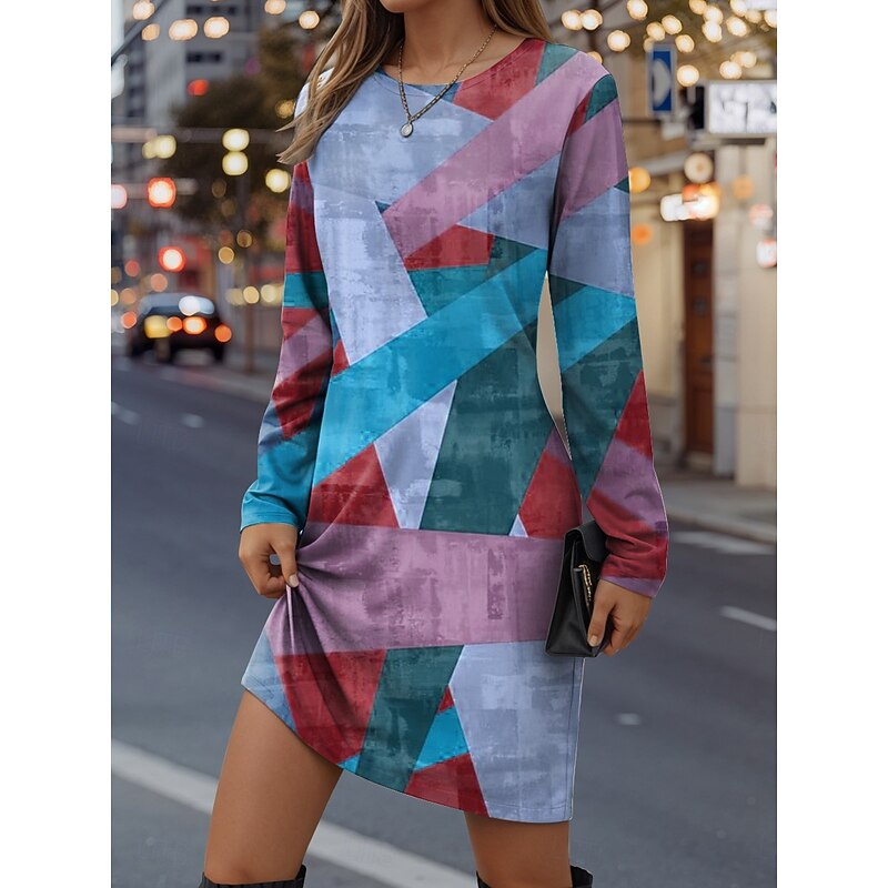 Women's Mini Dress T Shirt Dress Tee Dress Shift Dress Casual Daily Regular Fit Graphic Geometric Long Sleeve Crew Neck Yellow Red Royal Blue Blue Spring Fall Winter2