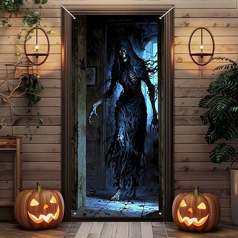 Halloween Door Cover Outdoor Banners Ghost Tree Demon 3D Dark Punk Gothic Style Party Outdoor Shooting Backgrounds Front Door Wall Porch Home Decor2