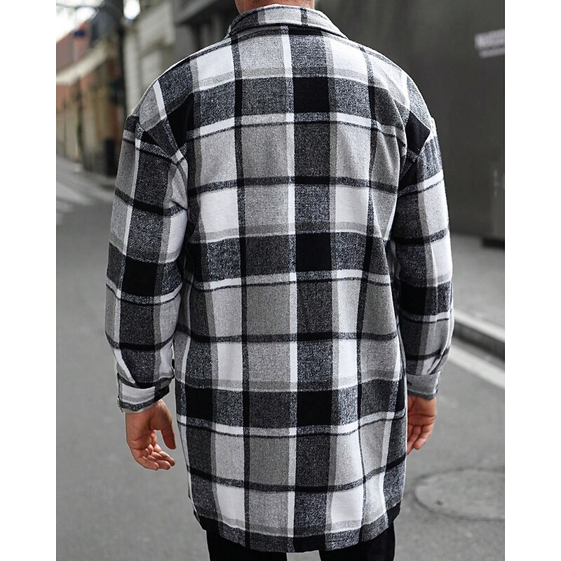 Men's Shacket Shirt Jacket Winter Jacket Plaid Vacation Daily Wear Black Wine Orange Khaki Long Sleeve Lapel Fall Winter Clothing Apparel Pocket2