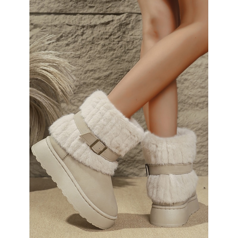 Women's Cream Fur Lined Flat Winter Boots – Cozy Buckle Strap Snow Booties with Non-Slip Sole for Cold Weather4