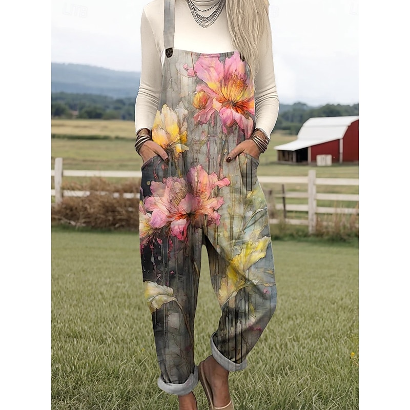 Women's Overall Active Floral Sleeveless Round Neck Pocket Print Vacation Daily Loose Fit Yellow Blue Orange Spring