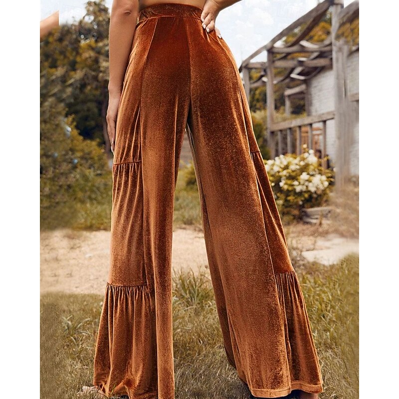 Women's Wide Leg Corduroy Pants Pants Trousers Fashion Streetwear Full Length High Waist Plain Ruffle Patchwork Elastic Waist Breathability Comfortable Street Daily Wear Going out Black Royal Blue2