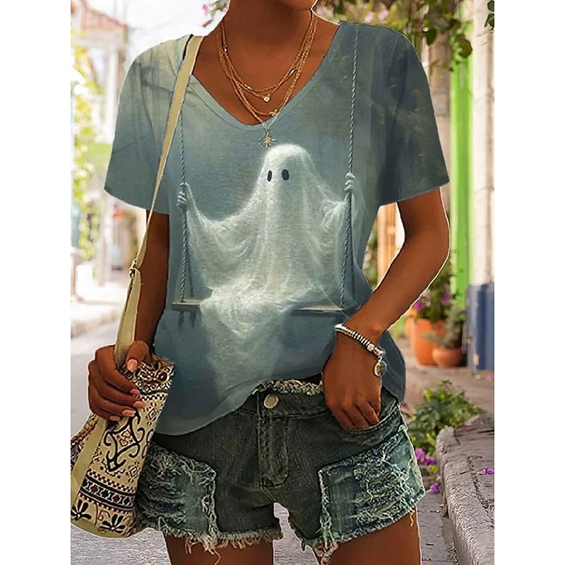 Halloween Women's T shirt Ghost Graphic Vintage Stylish Classic Short Sleeve V Neck Regular Tops Daily Print Red Green Summer Spring
