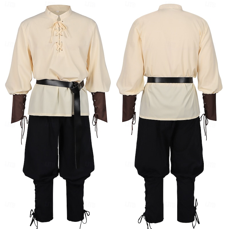 Retro Vintage Medieval Renaissance Outfits Shirt Pirate Pants Pirate Viking Fancy Dress Men's Viking Pirate Halloween Carnival Performance Party LARP Adults Shirt Pants Belt2
