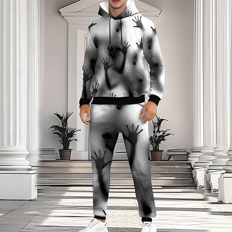 Halloween Men's Hand 2pcs 3D Sweatshirt Sets Tracksuit Hoodie Sweatshirt Long Sleeve Long pants Hooded Casual Daily Horror Athleisure 3D Print Spring Fall Winter Grey2