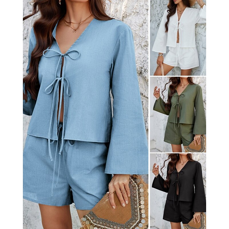 Women's Active Fashion Blouse Shorts Sets Long Sleeve V Neck Solid Color Lace up Daily Casual Daily Black White Army Green Summer Regular Fit