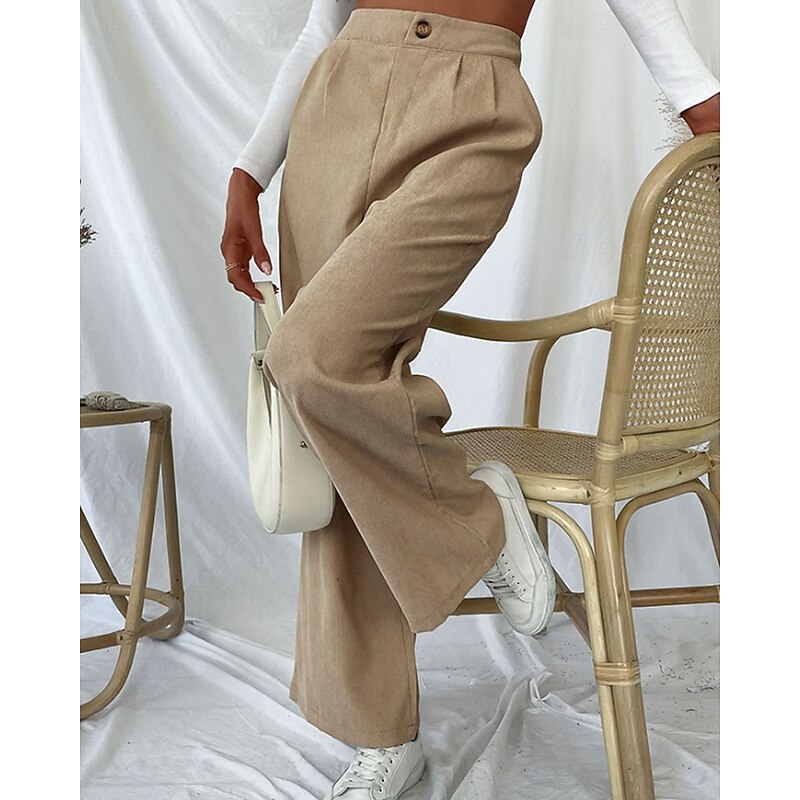 Women's Wide Leg Slacks Streetwear Casual Full Length Natural Plain Pocket Elastic Waist Comfortable Outdoor Street Going out Apricot Fall Regular Fit3