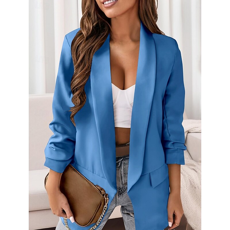 Women's Blazer Comfortable Breathable Pocket Casual Plain Office Street Casual Daily Wear Open Front Regular Turndown Regular Fit Long Sleeve Outerwear Wine Navy Blue Blue Summer Fall3