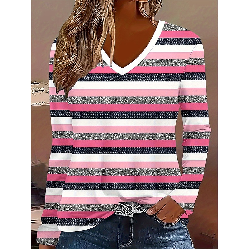 Women's T Shirt Graphic Geometric Color Block Vintage Stylish Classic Long Sleeve V Neck Regular Tops Daily Print Rose Pink Spring Fall Winter