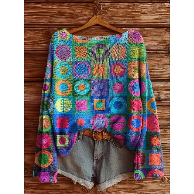 Women's Sweater Casual Soft Geometric Color Block Stylish Modern Long Sleeve Crew Neck Regular Tops Daily Holiday Print Blue Orange Green Khaki Gray Spring Fall Winter2