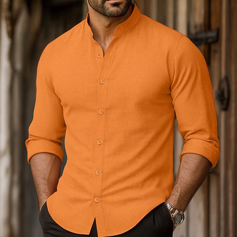 Men's Shirt Summer Shirt Beach Wear Button Up Shirt Plain Vacation Casual Black White Pink Orange Long Sleeve Mandarin Collar Spring & Summer Clothing Apparel