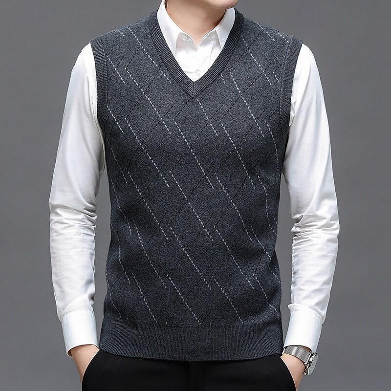 Men's Sweater Sweater Vest Pullover Sweater Jumper Ribbed Knit Regular Tops Knitted Slim Fit Geometric V Neck Knitwear Contemporary Casual Daily Wear Clothing Apparel Winter Spring &  Fall Camel Dark3