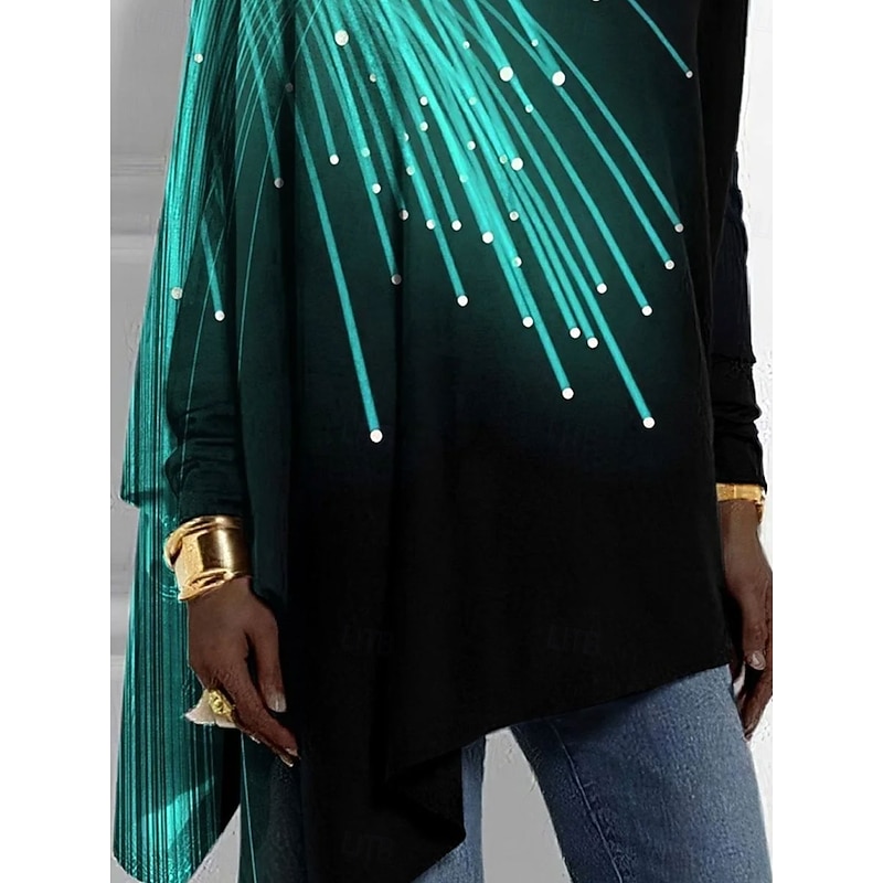 Women's T shirt Long Sleeve Graphic Striped Abstract Vintage Stylish Classic Long Sleeve Crew Neck Regular Tops Daily Weekend Print Asymmetrical Purple Green Spring Fall Prefall3