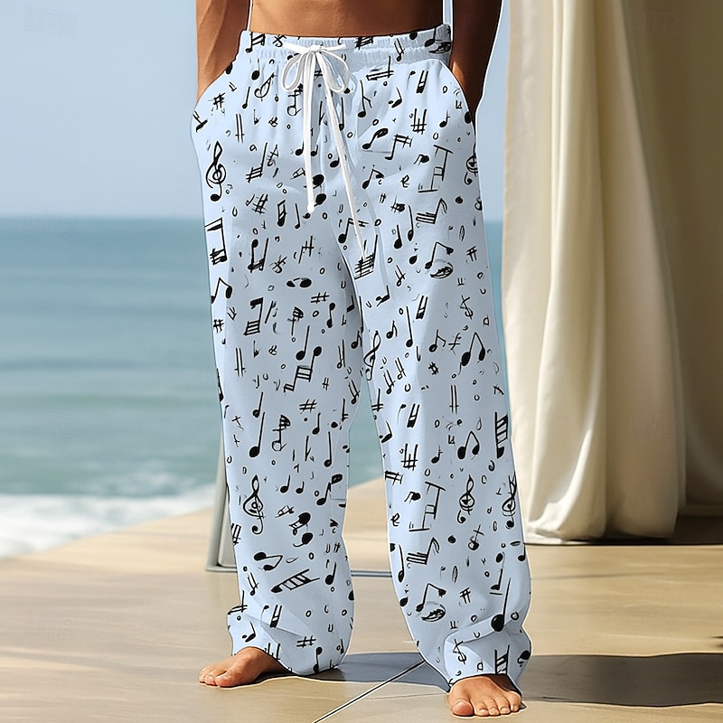 Men's Musical Notes Trousers Baggy Pants Casual Pants Mid Waist Outdoor Vacation Elastic Drawstring Waist Linen-Like Pants with Pockets Spring Fall 3D Print Black White Blue