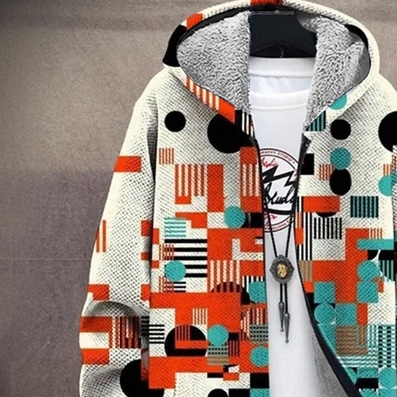 Men's Geometric Winter Coat Fleece Jacket Coat Thermal Warm Comfortable Casual Daily Wear Zipper Pocket 3D Print Fall Winter Hooded Long Sleeve White Red Brown4
