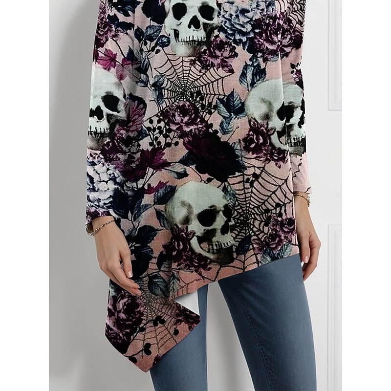 Halloween Women's Blouse Floral Graphic Elegant Active Stylish Long Sleeve Turtleneck Regular Tops Party Evening Wear Daily Going out Asymmetric Hem Pink Spring Fall Winter Spring, Fall4