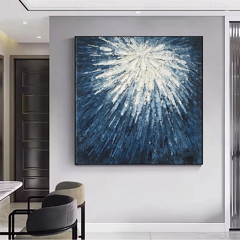 Handmade Oil Painting Canvas Wall Art Decoration Modern Blue and White Abstract Texture for Home Dining Room Decor Rolled Frameless Unstretched Painting