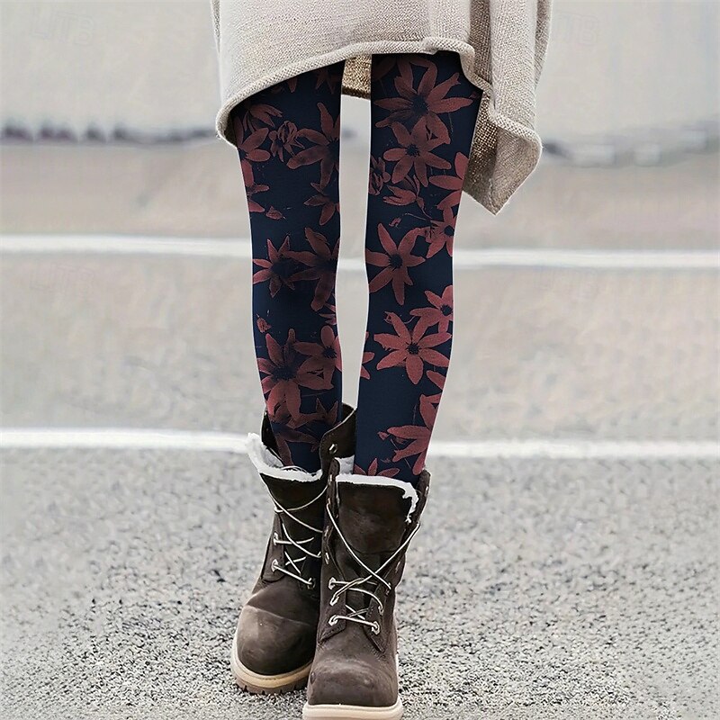 Women's Pants Trousers Leggings Cozy Leggings Streetwear Casual Full Length High Waist Floral Elastic Waist Print Breathability Comfortable Stretchy Vacation Street Daily Wear Wine Summer Spring Fall