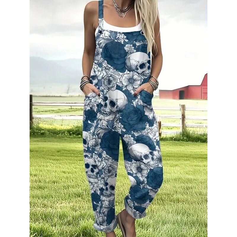 Halloween Women's Jumpsuit Active Graphic Sleeveless Sleeveless Wide Leg Pocket Buttons Vacation Street Loose Fit Black Red Navy Blue Summer4