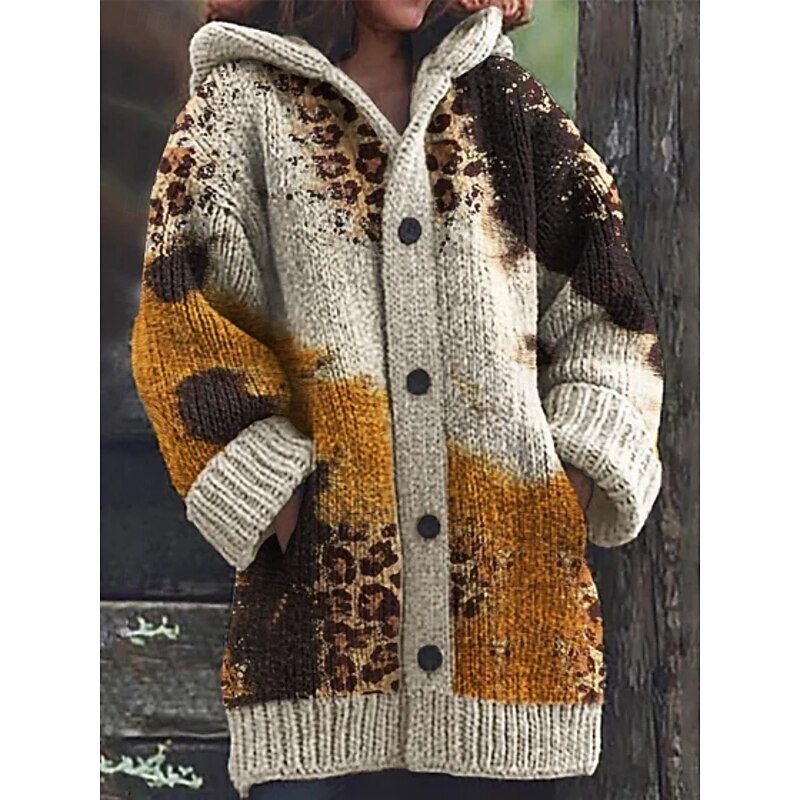 Women's Cardigan Vacation Daily Floral Ribbed Hooded Knitted Print Front Pocket Long Sleeve Regular Tops Knit Outdoor Daily Holiday Yellow Khaki Fall Winter3