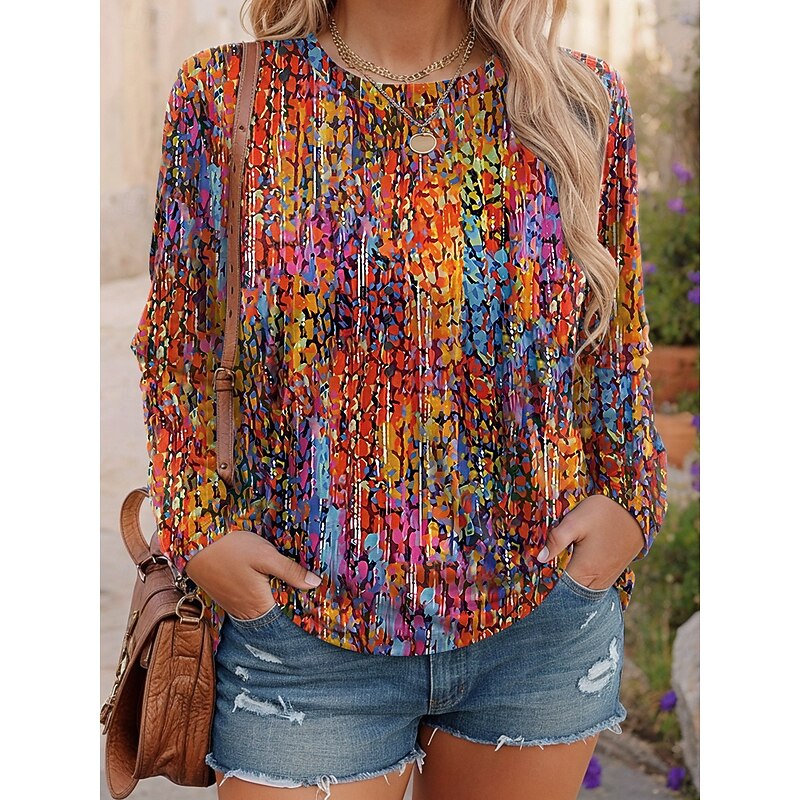 Women's Plus Size Tops T Shirt Geometry Print Long Sleeve Crew Neck Casual Daily Polyester Fall Winter Pink Red4