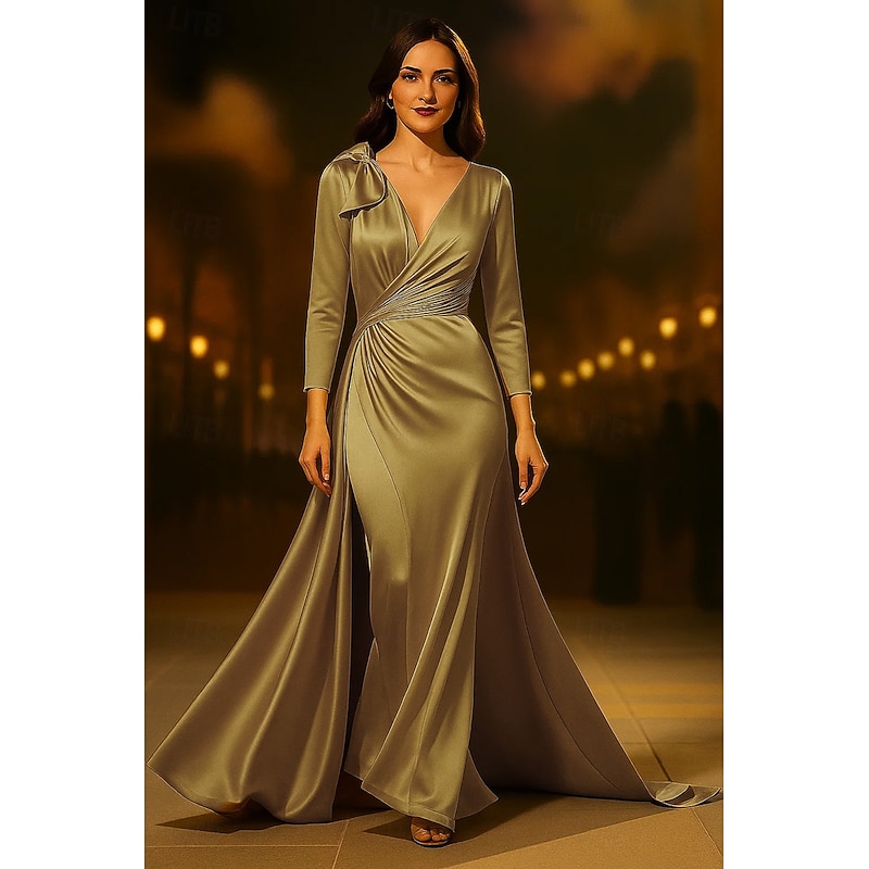 Gold A-Line Evening Gown Elegant Dress Formal Wedding Sweep / Brush Train 3/4 Length Sleeve V Neck Satin with Bow(s) Ruched 20253