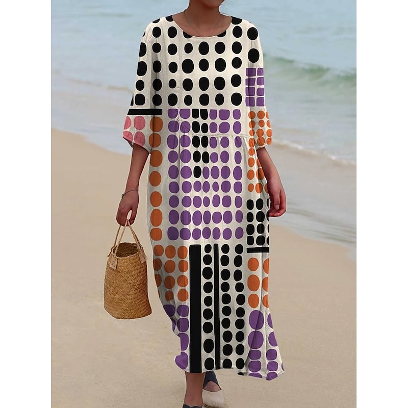 Women's Maxi Dress Kaftan 3/4 Length Sleeve Crew Neck Casual Shift Dress Dress Boho Daily Holiday Date Graphic Geometric Yellow Blue Purple Spring Fall2