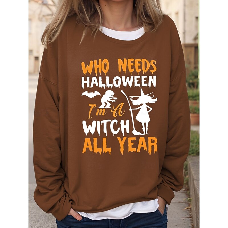 Halloween Women's Sweatshirts Witch Graphic Letter Vintage Fashion Casual Long Sleeve Crew Neck Regular Tops Casual Print Black Red Blue Brown Green Fall Winter3