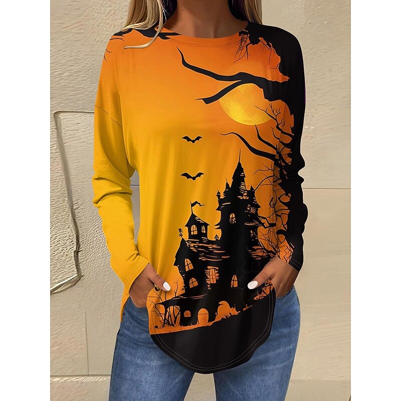 Halloween Women's T shirt Bat Graphic Geometric Vintage Casual Long Sleeve Crew Neck Regular Tops Weekend Print Yellow Orange Spring Fall2