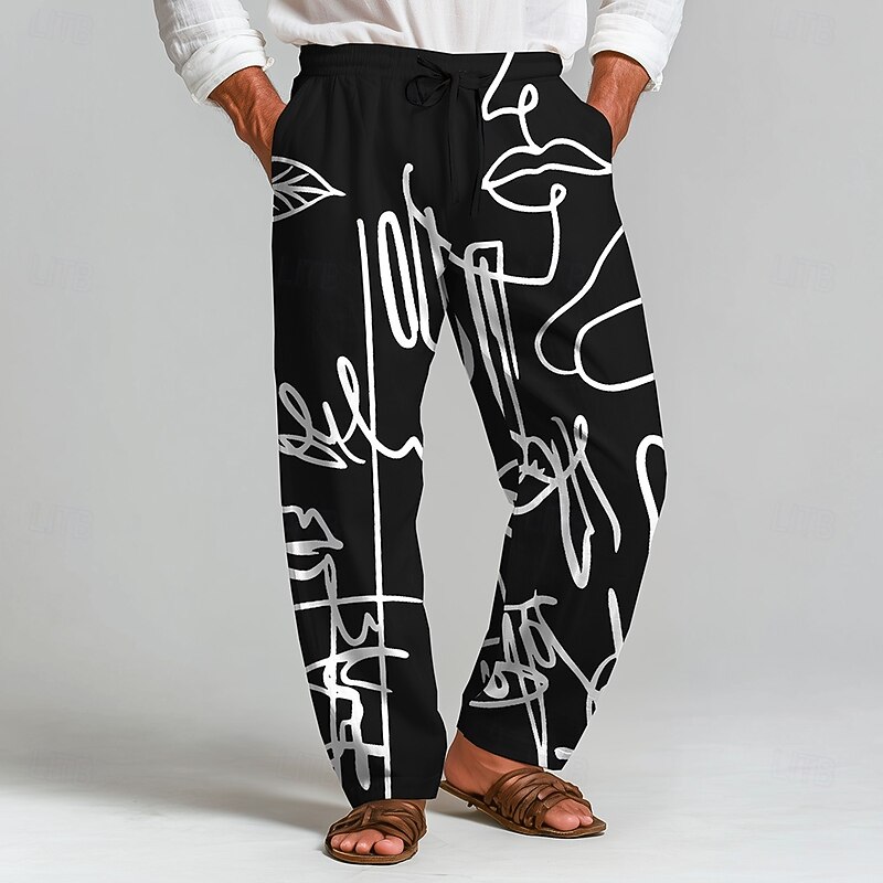 Men's Stick Figure Trousers Baggy Pants Casual Pants Mid Waist Fashion Outdoor Vacation Home Elastic Drawstring Waist Linen-Like Pants with Pockets Spring Fall 3D Print Black White