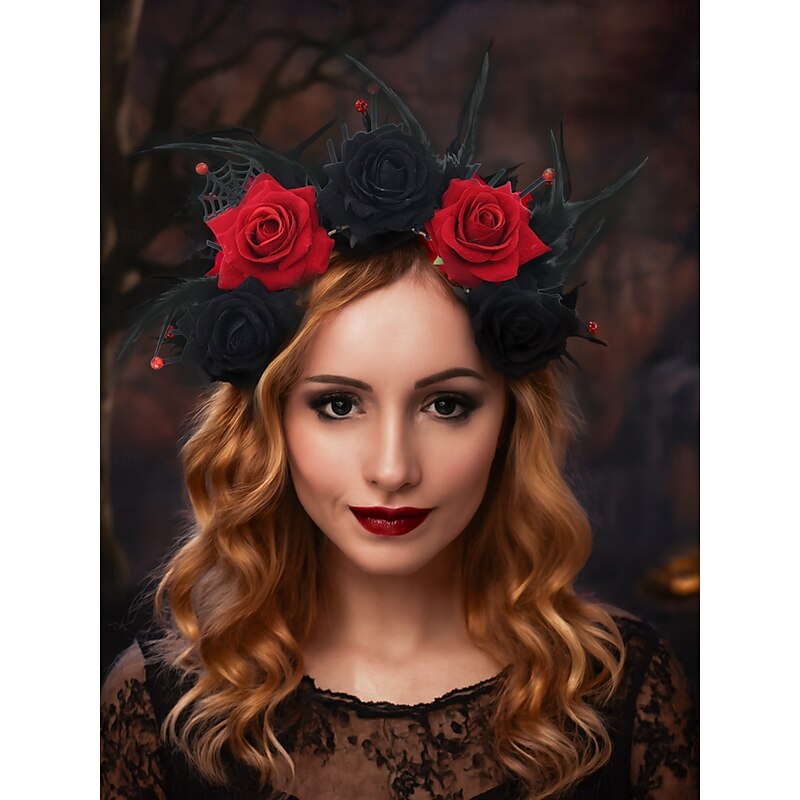 Women's Gothic Halloween Skull Rose Headband - Red and Black Flower Crown with Feathers and Spider Web for Costume Parties and Cosplay2