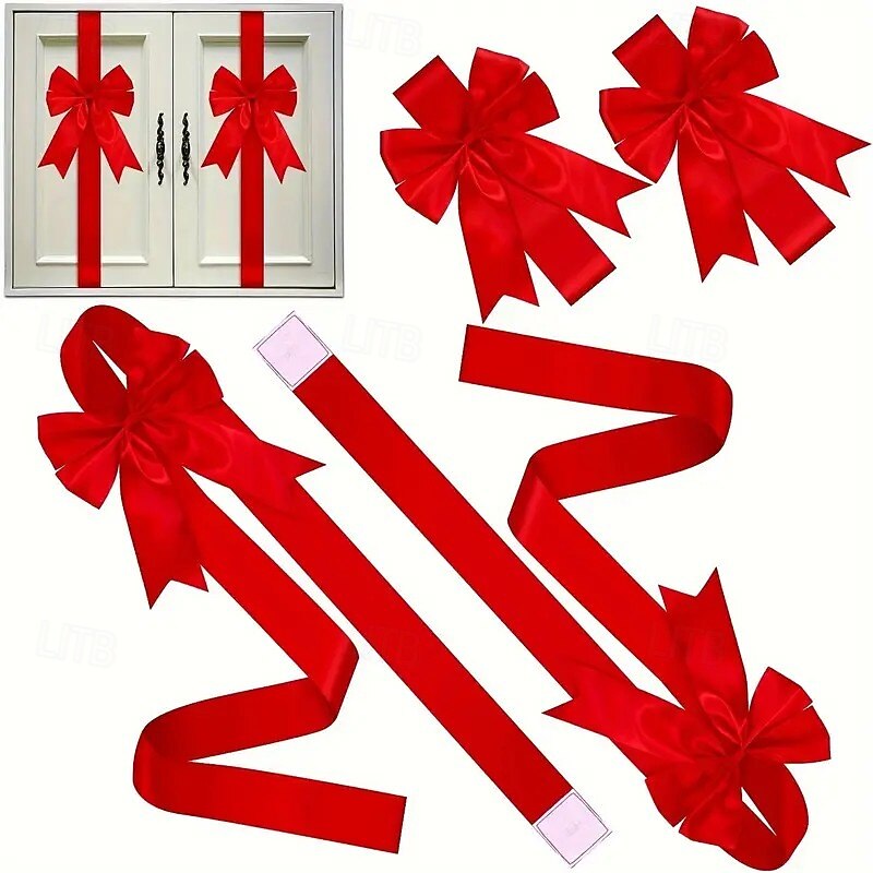 4PCS Christmas Bow and Ribbon Set – Double-Sided Tape Included, No Assembly Needed, Reusable Non-Electric Door and Cabinet Decorations for Christmas and Halloween2